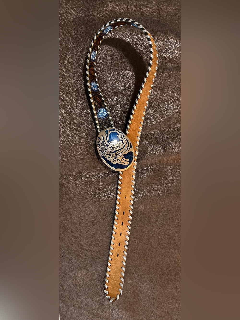 VTG Western Wild Horses Blue Enamel Buckle & Kenny Rogers Leather Belt 30”